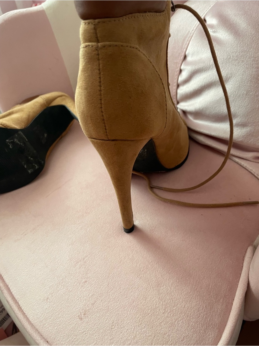 Women’s Lace-Up High Heel Ankle Boots — Tan Suede - Picture 6 of 6